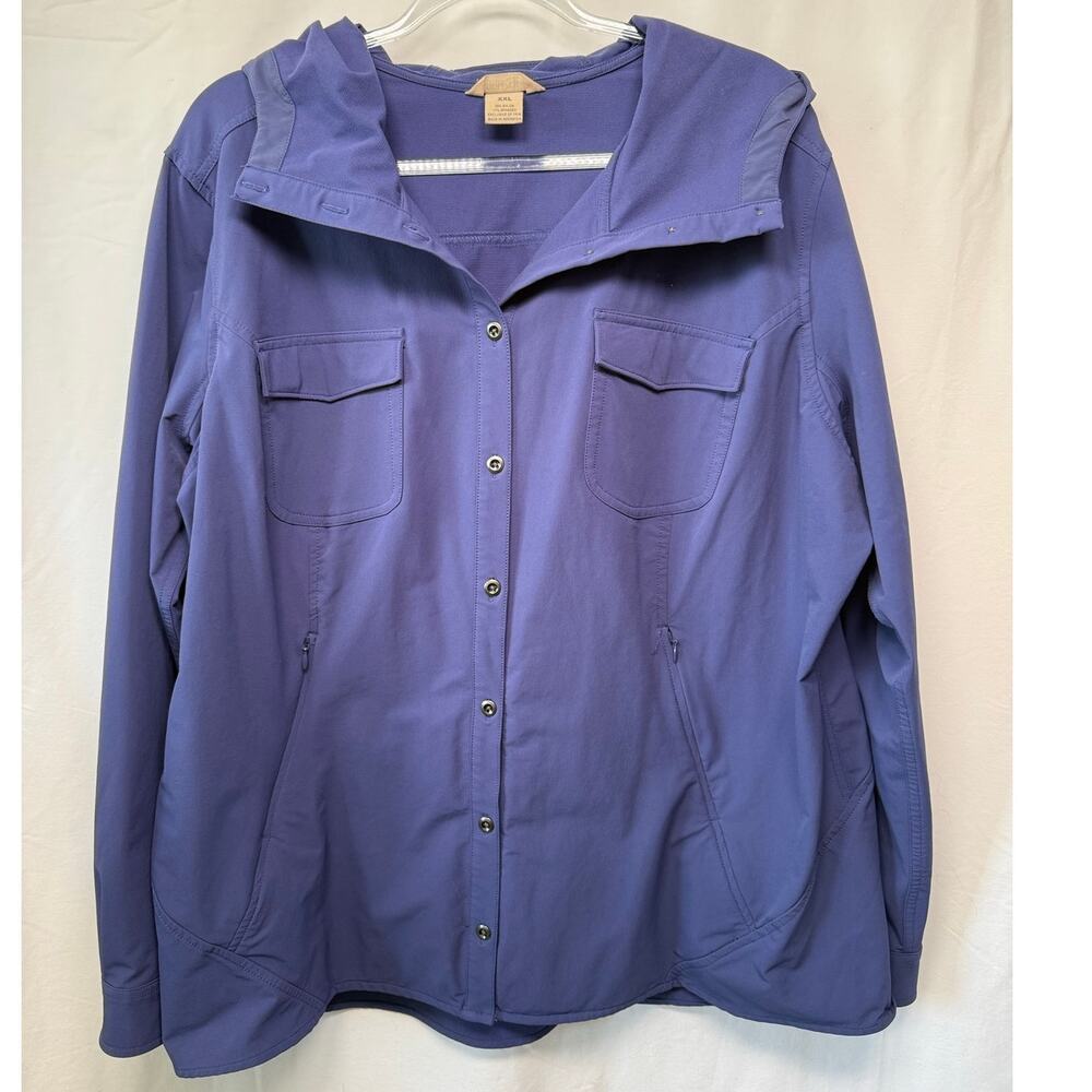 Duluth Trading Flexpedition Hooded Shirt Jacket, Blue/Purple, Size XXL